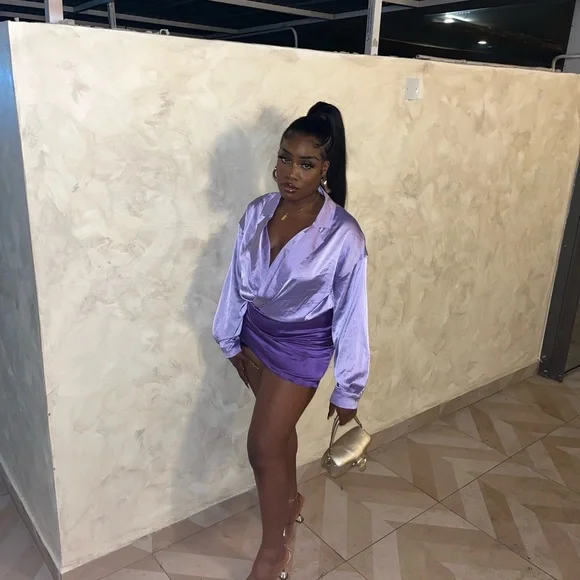 Stylish Purple lavender color block Satin-feel long sleeve Dress - Picture 2 of 7